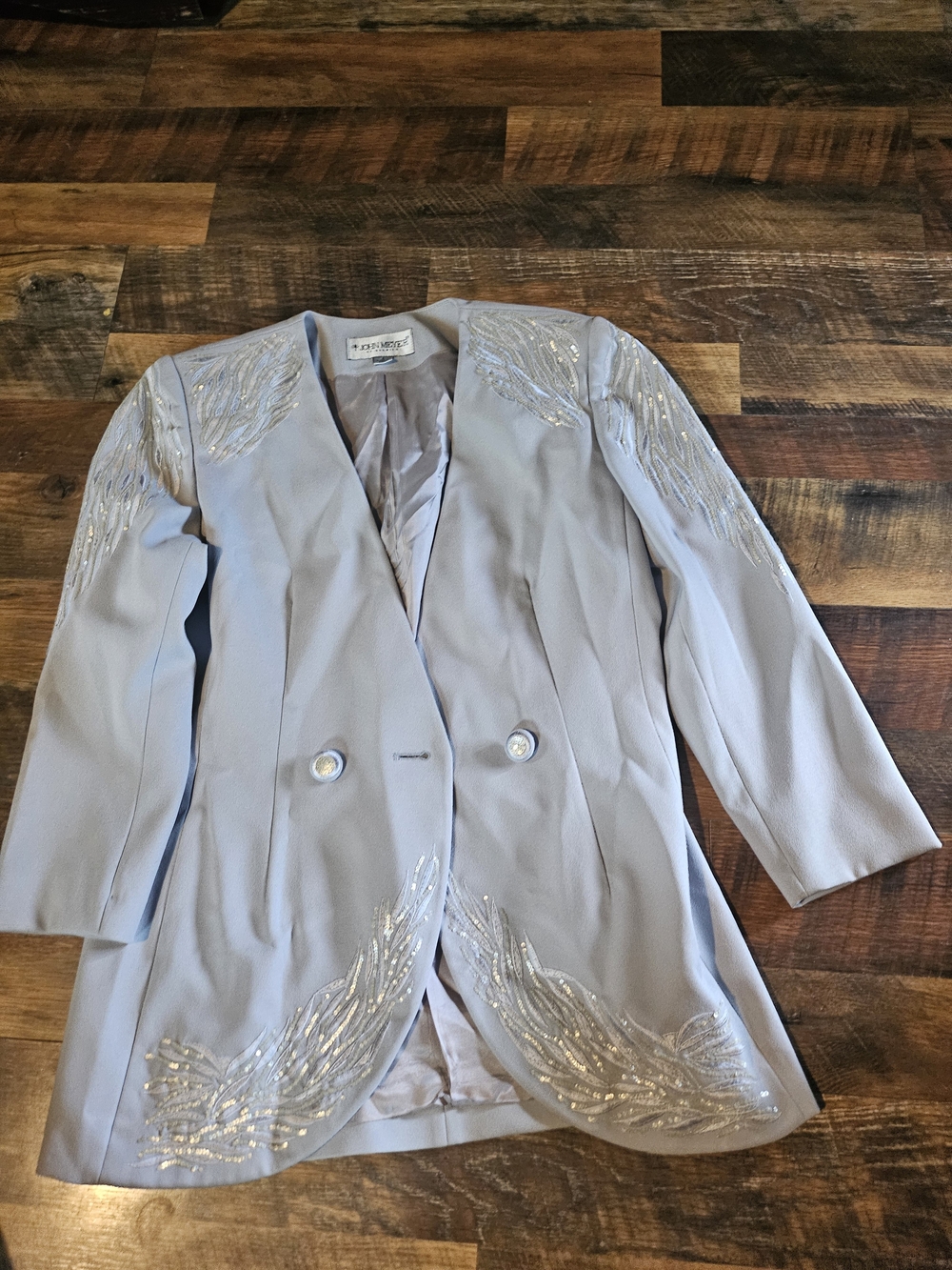 Sequin-Embellished Light Gray Double-Breasted Blazer